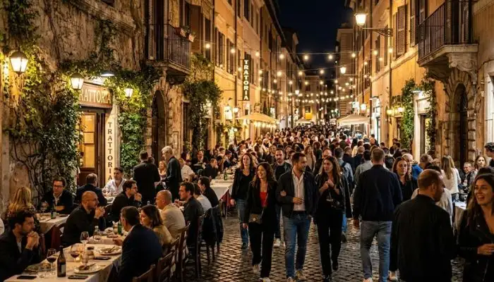 Crowded and well-lit pedestrian street in the Trastevere neighborhood of Rome at night.