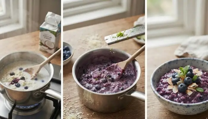 Close-up of blueberry and coconut rice pudding in a glass bowl, topped with toasted coconut.