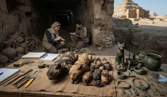 Mummified cats and bronze artifacts discovered near the Userkaf Pyramid complex in Saqqara, Egypt.