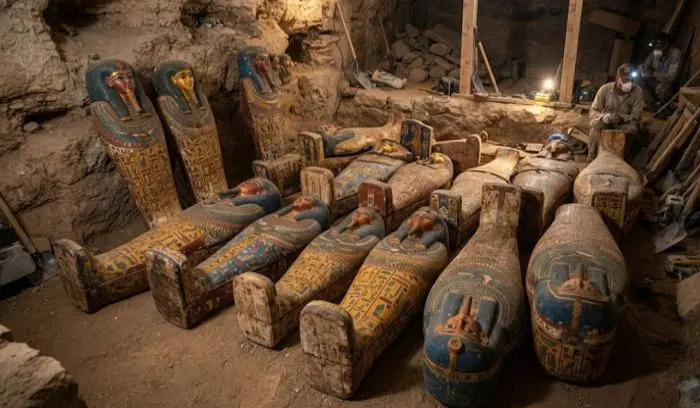 Brightly painted wooden sarcophagi dating back over 3,000 years uncovered at Saqqara.