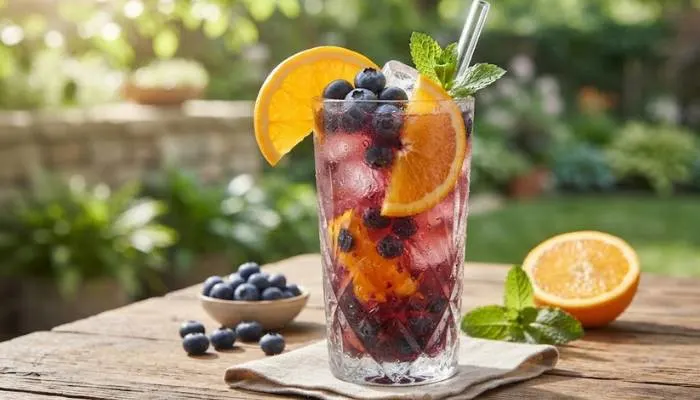 A tall glass of blueberry and orange cooler garnished with fat orange wedges and fresh dark blueberries over ice.