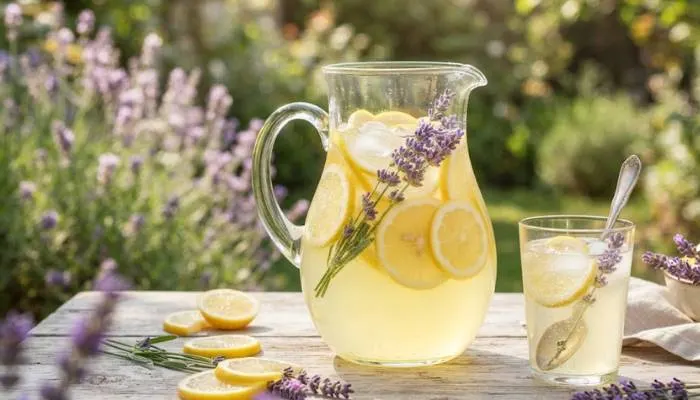 A bright lemonade infused with fresh lemon slices and purple lavender sprigs in a glass pitcher.