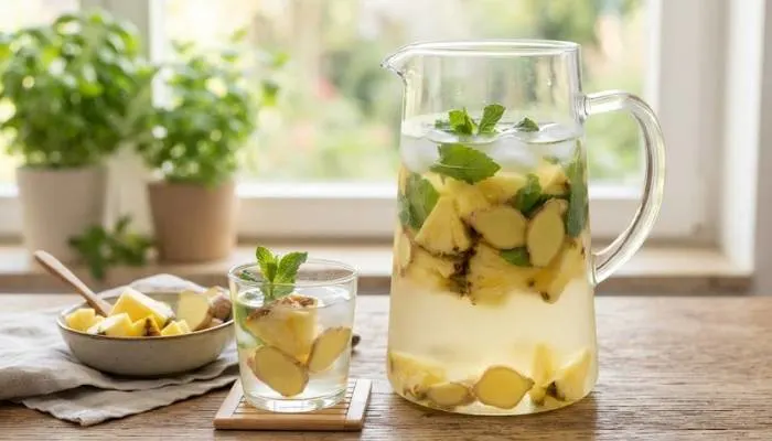 A pitcher of pineapple and ginger-infused water with fresh pineapple chunks and ginger slices.