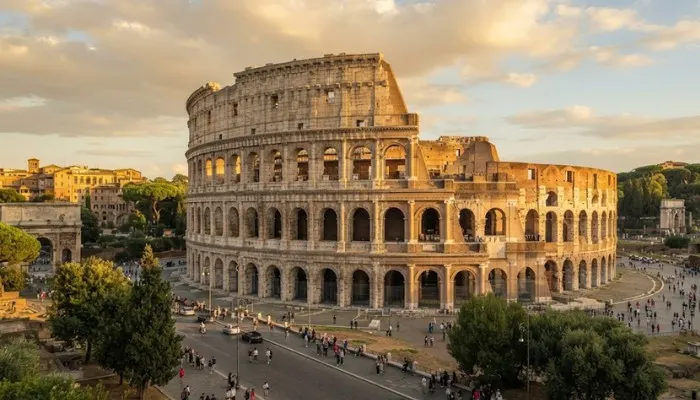The grand Roman Colosseum illuminated during the late afternoon sun in Rome, Italy.