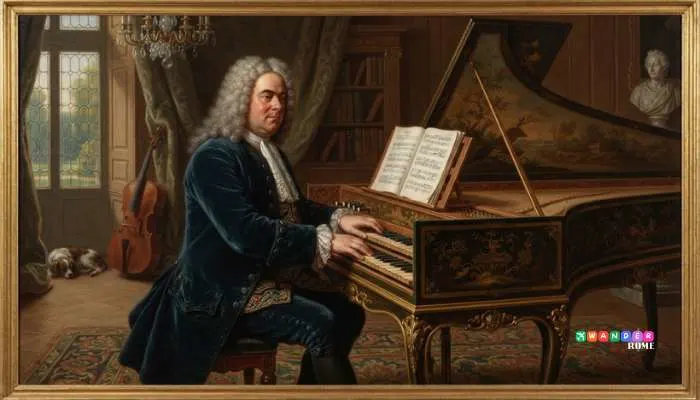 Classical painting of composer George Frideric Handel playing a harpsichord.