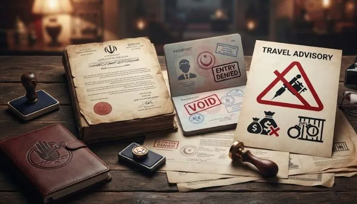 Legal documents and travel advisory symbols representing strict regulations and penalties for unlicenced tattoo artists in the Middle East.
