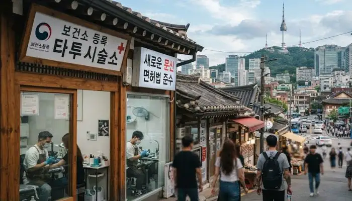 Modern cityscape of Seoul, South Korea, where historical medical laws and new licensing acts regulate tattooing.