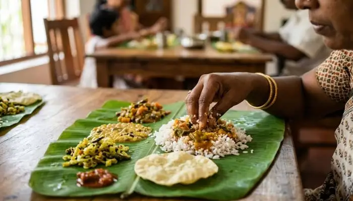 Close-up of traditional Indian meal served on a banana leaf being eaten using only the right hand.