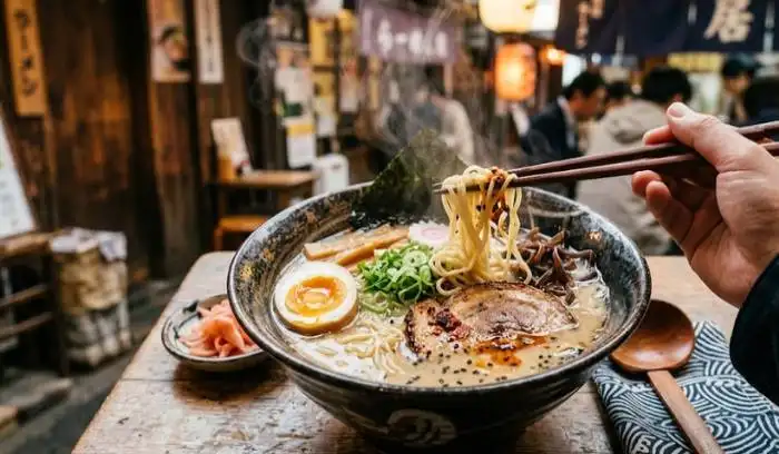Steaming bowl of Japanese ramen noodles served with chopsticks in a traditional bowl.