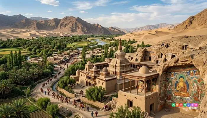 Ancient Silk Road oasis landscape and Buddhist artwork from the Kingdom of Khotan
