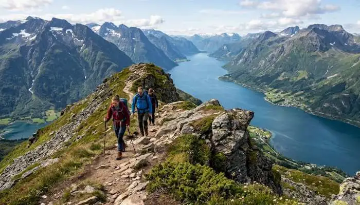 Hikers navigating a mountain trail overlooking scenic fjords in Norway