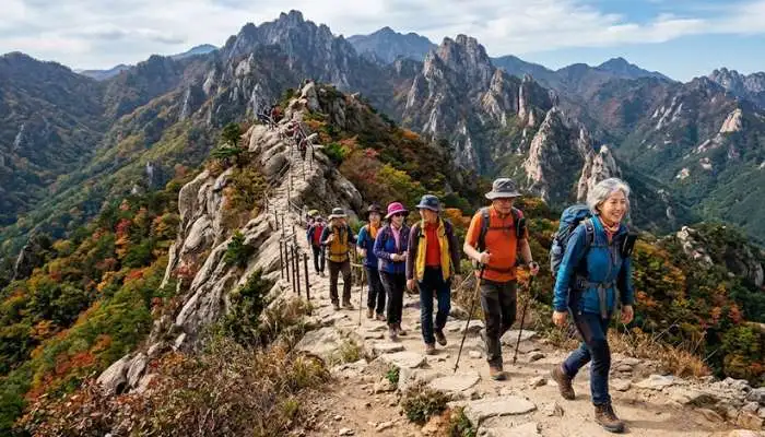 Group of active walkers on a scenic mountain trail in South Korea