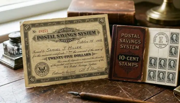Postal Savings System deposit certificate and 10-cent stamp booklet from the early 20th century
