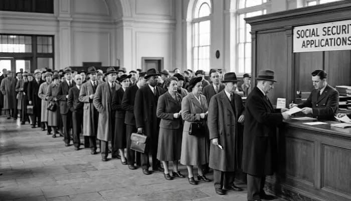 Crowd of Americans lining up at a post office counter to apply for Social Security cards in the 1930s