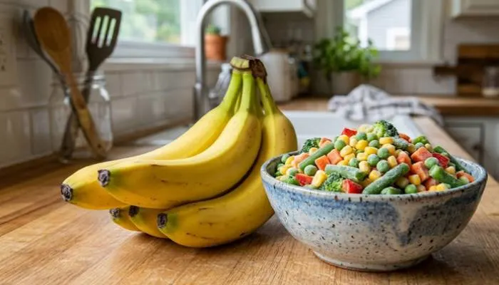 A bunch of fresh bananas resting next to a bowl of colorful frozen mixed vegetables on a kitchen counter.