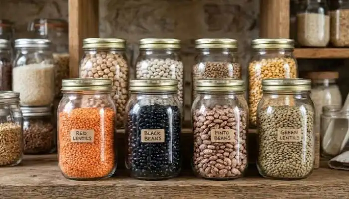 Glass jars filled with raw lentils and dried black and pinto beans arranged in a pantry.